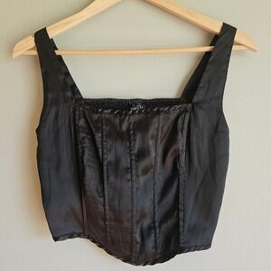 Rue 21 Top Size Small Black Corset Style Smocked Satin Tank Witchy Goth Y2K